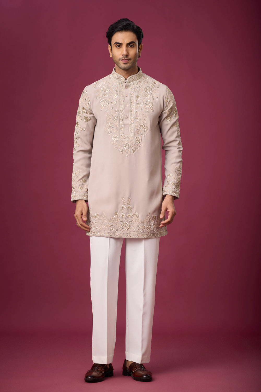 Blush Pearl Floral Embroidered Kurta Set for Men | Mahavir NX