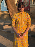 Mustard Yellow Floral Embroidered Kurta for Men