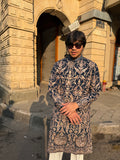 Navy Blue Heavy Embroidered Kurta for Men
