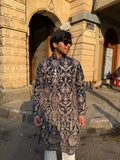 Navy Blue Heavy Embroidered Kurta for Men