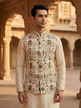 Ivory Multicolor Heritage Motif Nehru Koti for Men