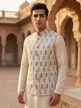 Ivory Pastel Patterned Nehru Koti for Men