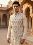 Ivory Pastel Patterned Nehru Koti for Men