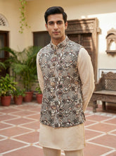 Ivory & Brown Floral Pattern Nehru Koti for Men
