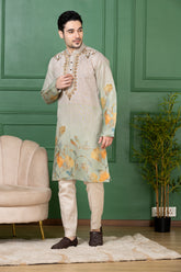 Imperial Beige Linen Ombre Floral Wedding Kurta Set
