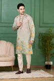 Imperial Beige Linen Ombre Floral Wedding Kurta Set