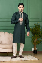 Regal Emerald Linen Embroidered Wedding Kurta for Men