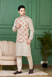 Classic Beige Linen Floral Jacket Kurta Set for Men