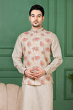 Classic Beige Linen Floral Jacket Kurta Set for Men