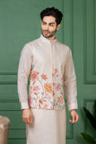 Ivory Linen Floral Printed Jacket Kurta Set for Men