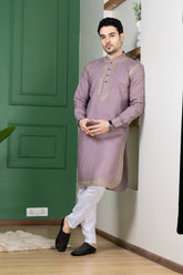 Royal Mauve Linen Embroidered Wedding Kurta for Men