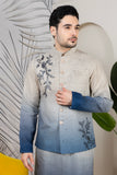 Ombre Blue Linen Embroidered Jacket Kurta Set for Men