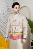 Ivory Linen Multicolor Stripe Floral Jacket Kurta Set