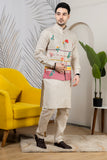 Ivory Linen Multicolor Stripe Floral Jacket Kurta Set