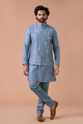 Steel Blue Linen Embroidered Nehru Jacket Kurta Set