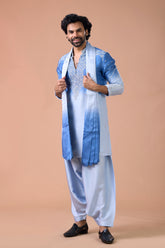 Royal Blue Ombré V-Neck Kurta with Dupatta & Dhoti