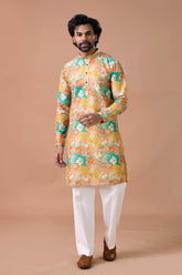 Mustard Floral Printed Festive Kurta Set for Men