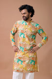 Mustard Floral Printed Festive Kurta Set for Men