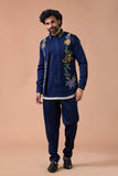 Navy Blue Floral Embroidered Nehru Jacket Kurta Set for Men