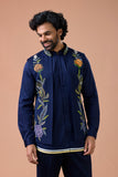 Navy Blue Floral Embroidered Nehru Jacket Kurta Set for Men