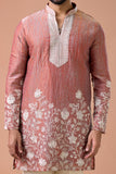 Rust Pink Embroidered V-Neck Wedding Kurta Set for Men
