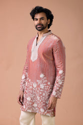 Rust Pink Embroidered V-Neck Wedding Kurta Set for Men