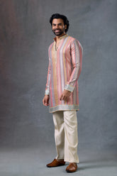 પેસ્ટલ ટીશ્યુ સિલ્ક વી-નેક કુર્તા ટીશ્યુ પેન્ટ સેટ સાથે