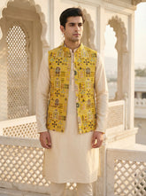 Mustard Yellow Multicolor Heritage Motif Nehru Koti for Men