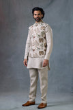 Beige Linen Kurta Set with Embroidered Nehru Jacket