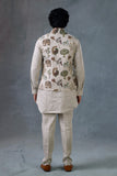 Beige Linen Kurta Set with Embroidered Nehru Jacket