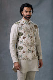 Beige Linen Kurta Set with Embroidered Nehru Jacket