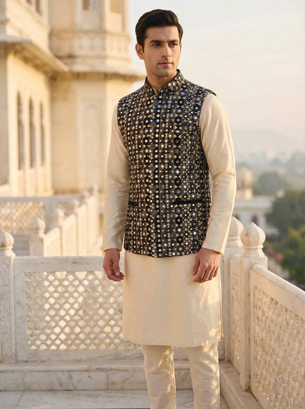 Black Gold Mirror Work Nehru Koti for Men