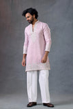 Blush Pink Embroidered V Neck Wedding Kurta Set For Men Ethnic Wear