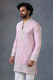 Blush Pink Embroidered V Neck Wedding Kurta Set For Men Festive Attire