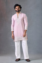 Blush Pink Embroidered V Neck Wedding Kurta Set For Men Groom Outfit