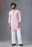 Blush Pink Embroidered V Neck Wedding Kurta Set For Men Groom Outfit