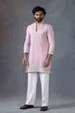 Blush Pink Embroidered V Neck Wedding Kurta Set For Men Traditional Outfit