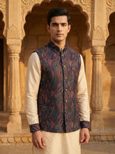 Dark Wine Woven Pattern Nehru Koti for Men