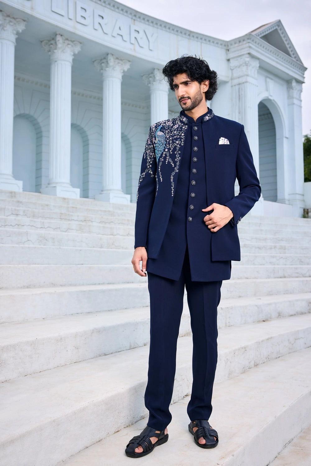 Designer indo-western kurta - Navy Blue Indo-Western with Multicolour Floral Embroidery