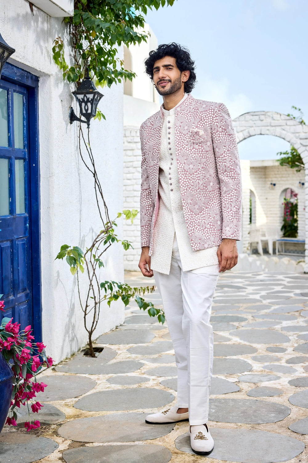 Designer indo-western kurta - Pastel Pink Floral Embroidered Indo-Western