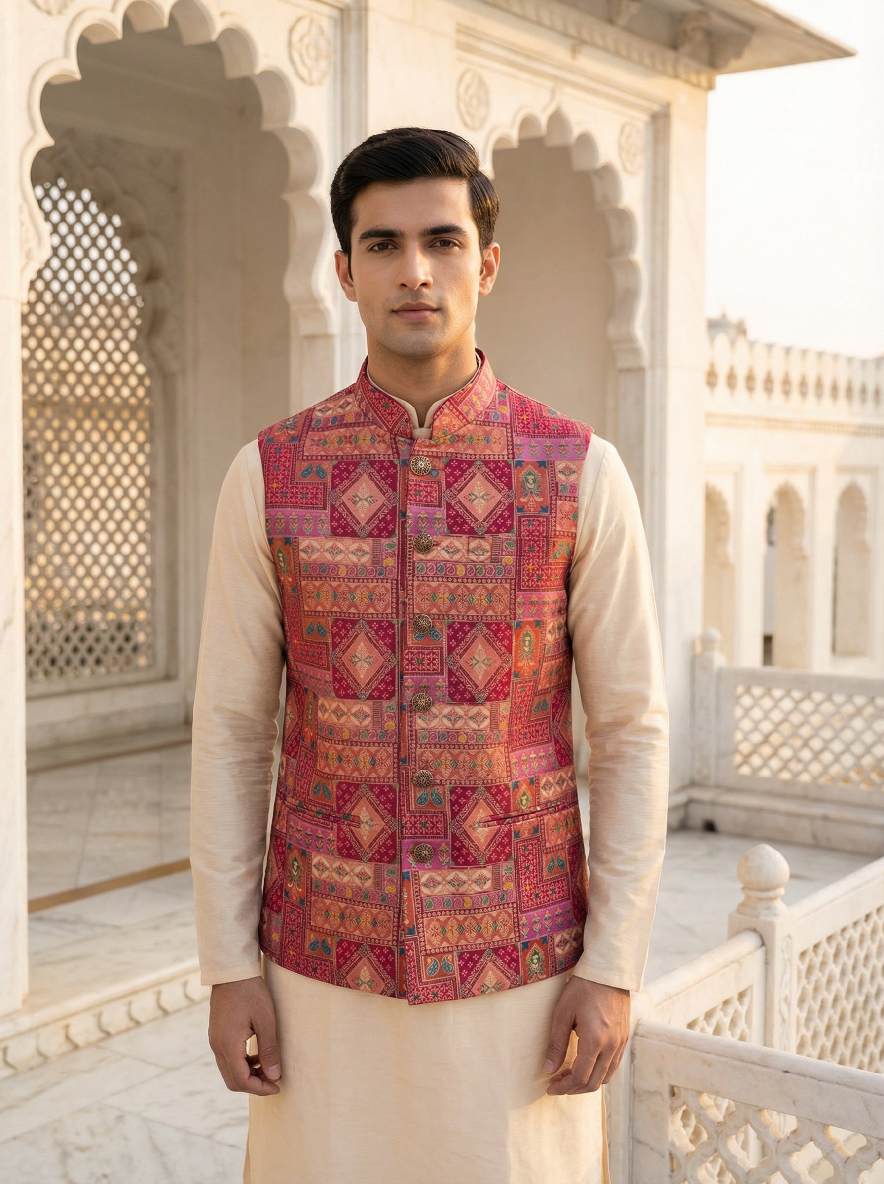 Designer Koti - Rani Pink Multicolor Geometric Pattern Nehru Koti for Men