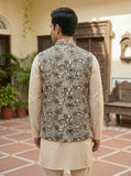 Ethnic Koti - Ivory & Brown Floral Pattern Nehru Koti for Men