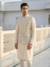 Ivory Handcrafted Mirror Work Nehru Koti