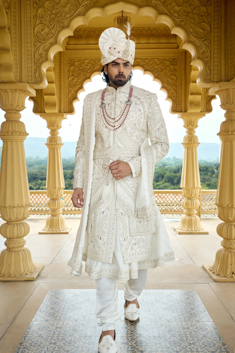 Ivory Maharaja Wedding Sherwani with Maroon Touch