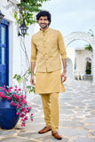 Jacket kurta set - Mustard Embroidered Jacket Kurta Set