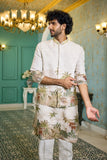 Jacket kurta set - Natural Shade Linen Kurta Set with Printed Jacket