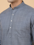 Kurta collection - Men’s Blue Pure Linen Kurta with Mandarin Collar