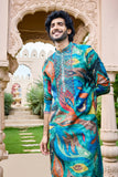 Kurta collection - Teal Abstract Mirror Work Kurta