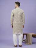 Kurta for mens - Men’s Beige Gold Embroidered Festive Kurta