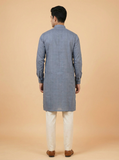 Kurta for mens - Men’s Blue Pure Linen Kurta with Mandarin Collar